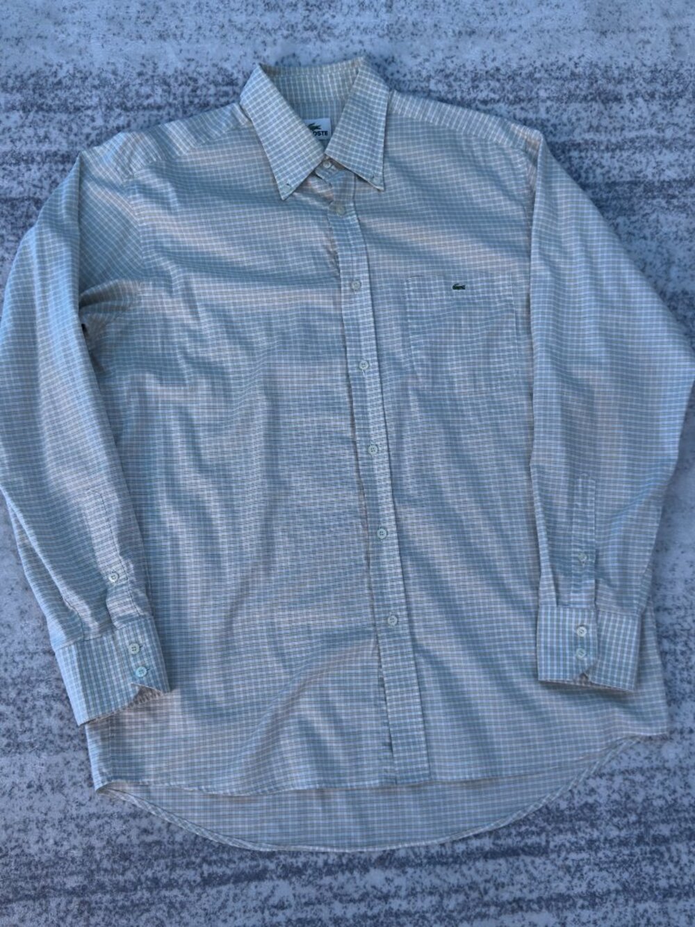 Lacoste Classic Fit Plaid Long Sleeve Button Down Shirt Beige White Size 42